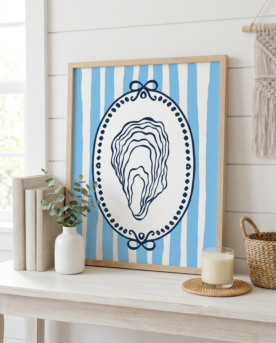 Blue and White Oyster Stripe Coastal Wall Art Print – 8x10 Coastal Home Decor