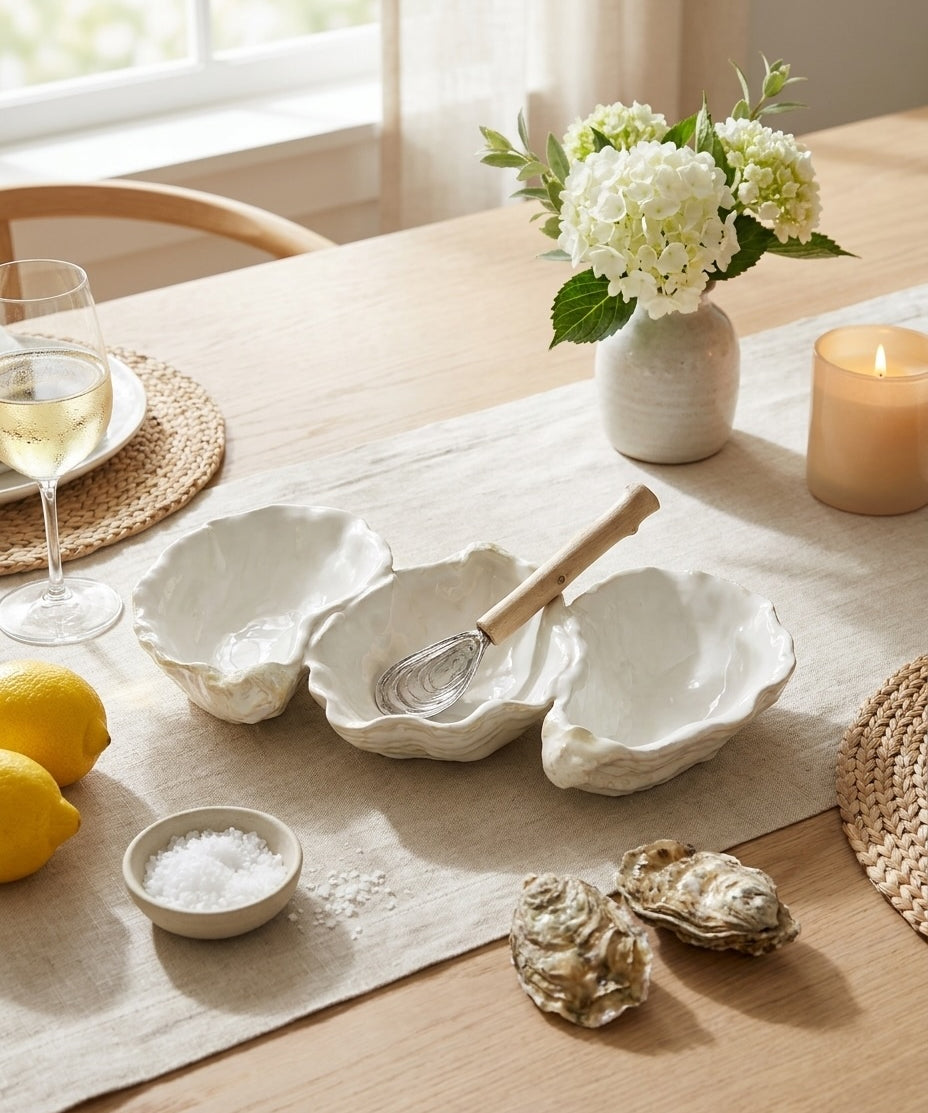 Coastal Oyster Shell Triple Dip Dish & Driftwood Serving Set