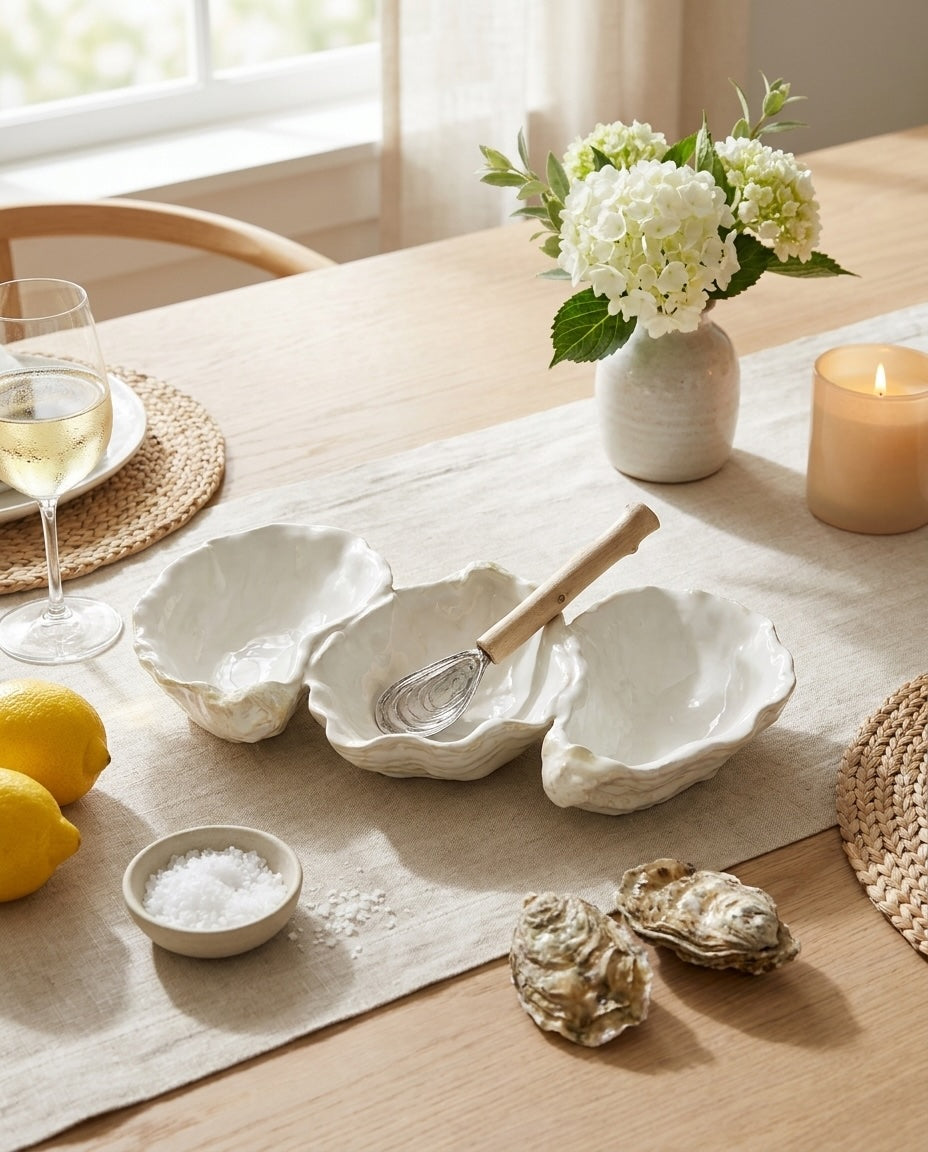 Coastal Oyster Shell Triple Dip Dish & Driftwood Serving Set
