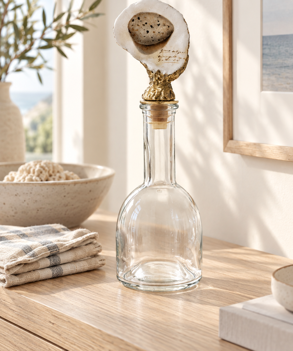 Clear glass bottle with a gold-tone oyster shell stopper displayed on a sunlit wood sideboard.
