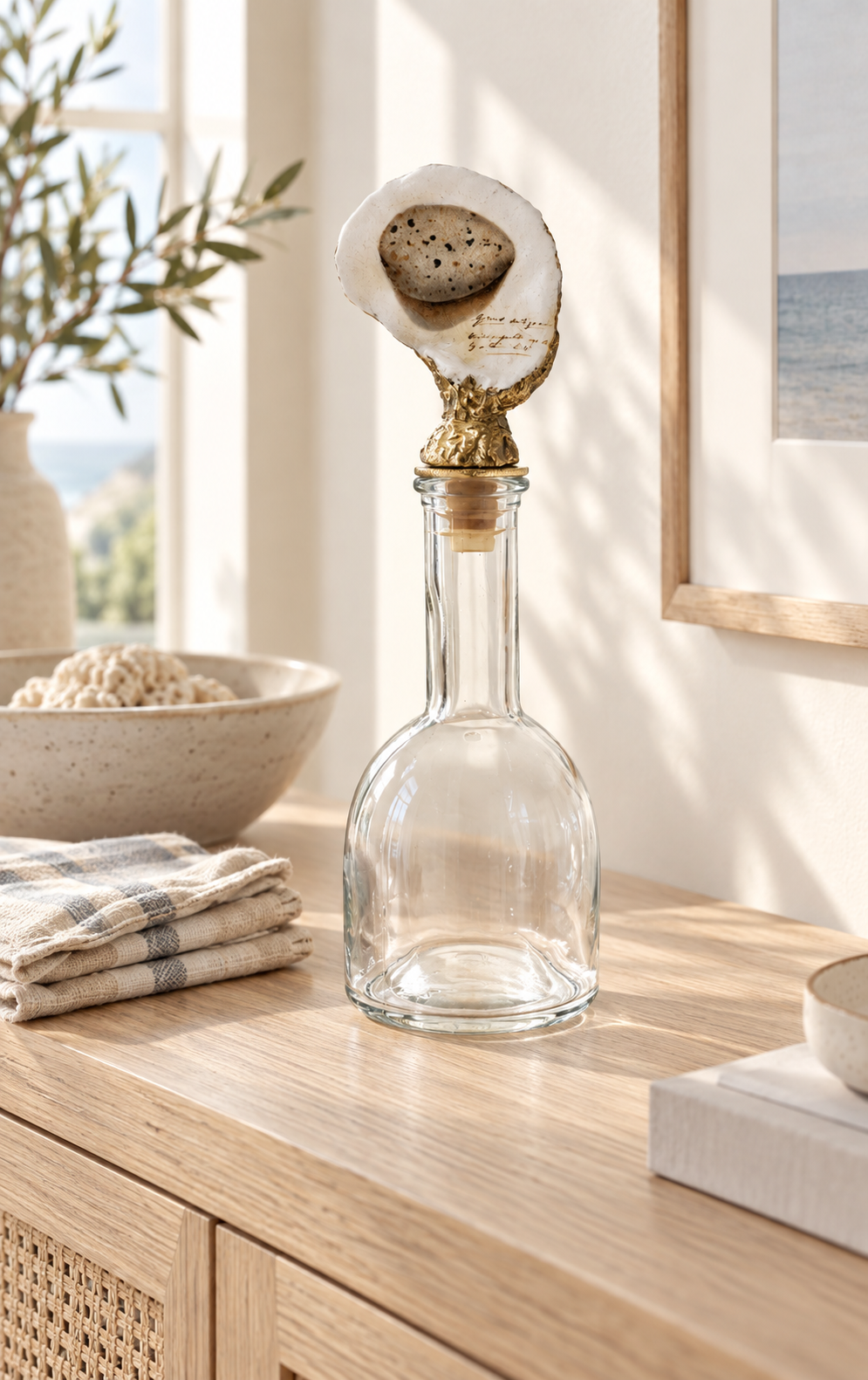 Clear glass bottle with a gold-tone oyster shell stopper displayed on a sunlit wood sideboard.