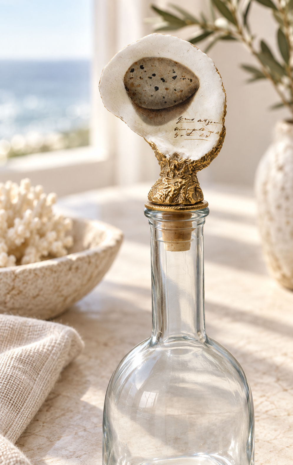 Close-up of the oyster shell and gold-tone stopper on a clear glass bottle.