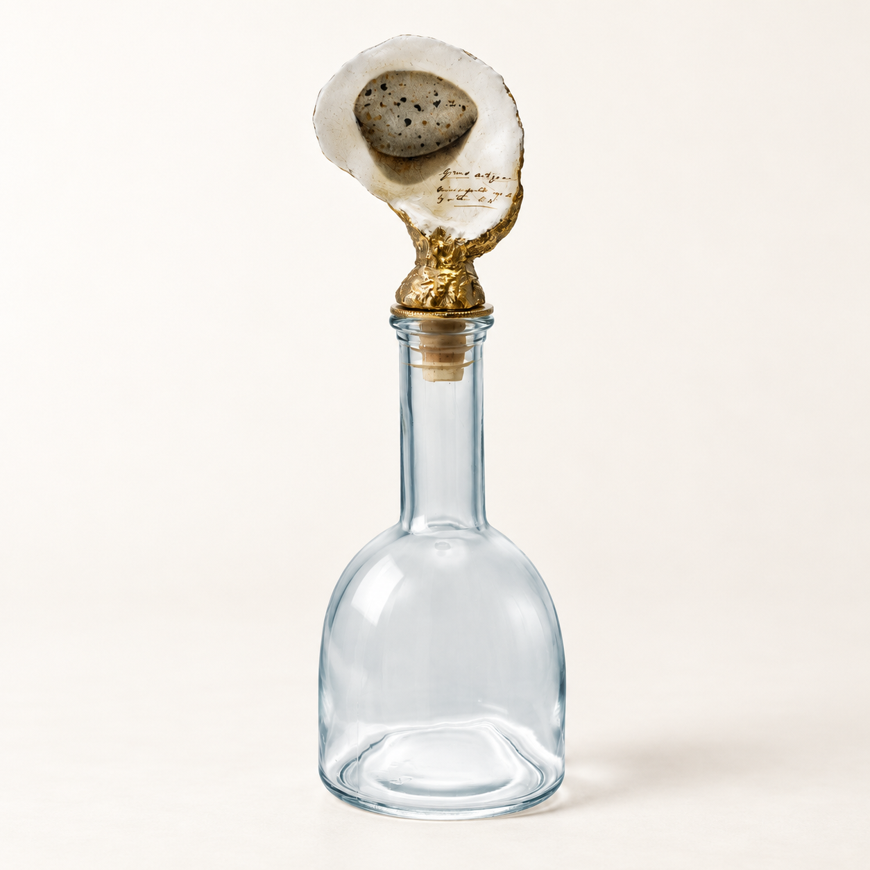 Clear glass bottle with a gold-tone oyster shell stopper, shown on a light background.