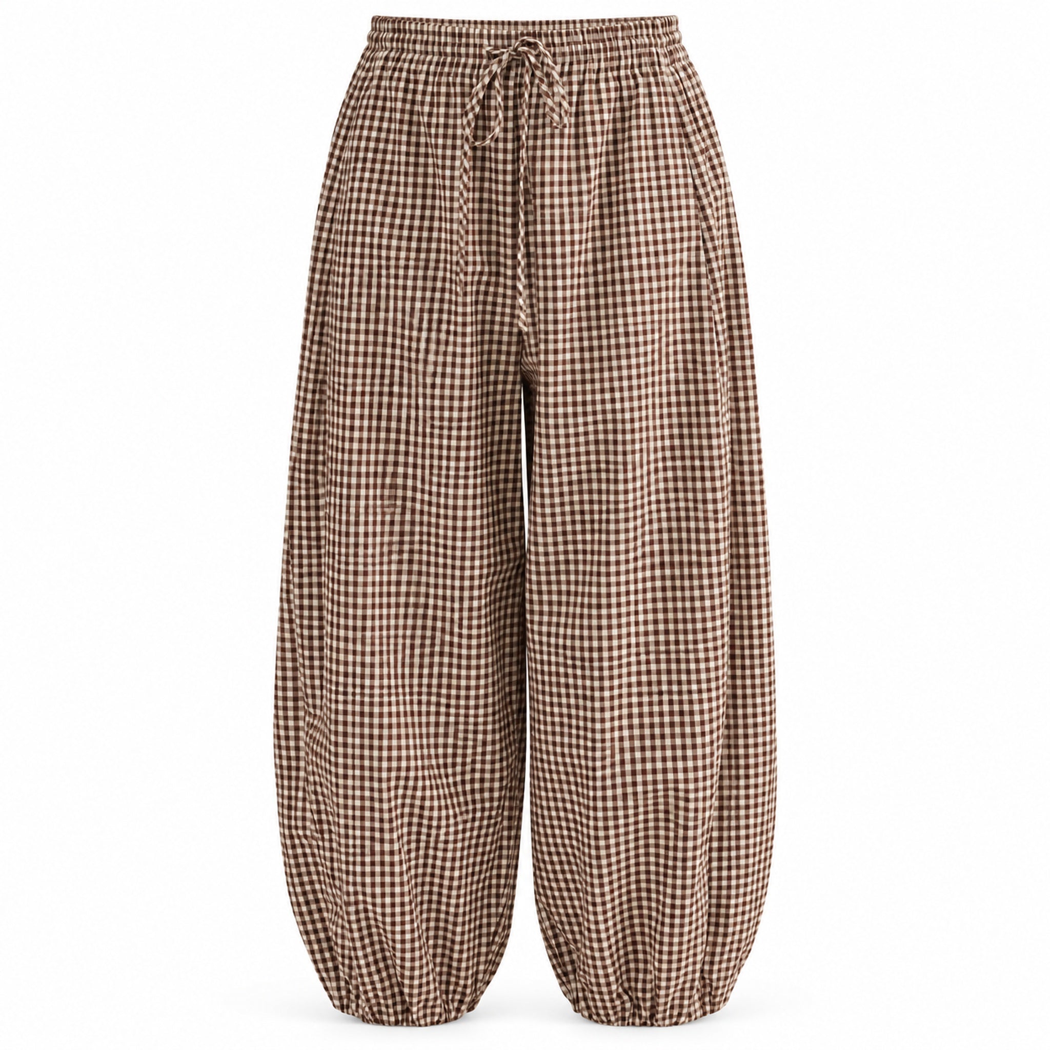 Brown gingham barrel-leg pants with drawstring waist and gathered ankle cuffs on a white background