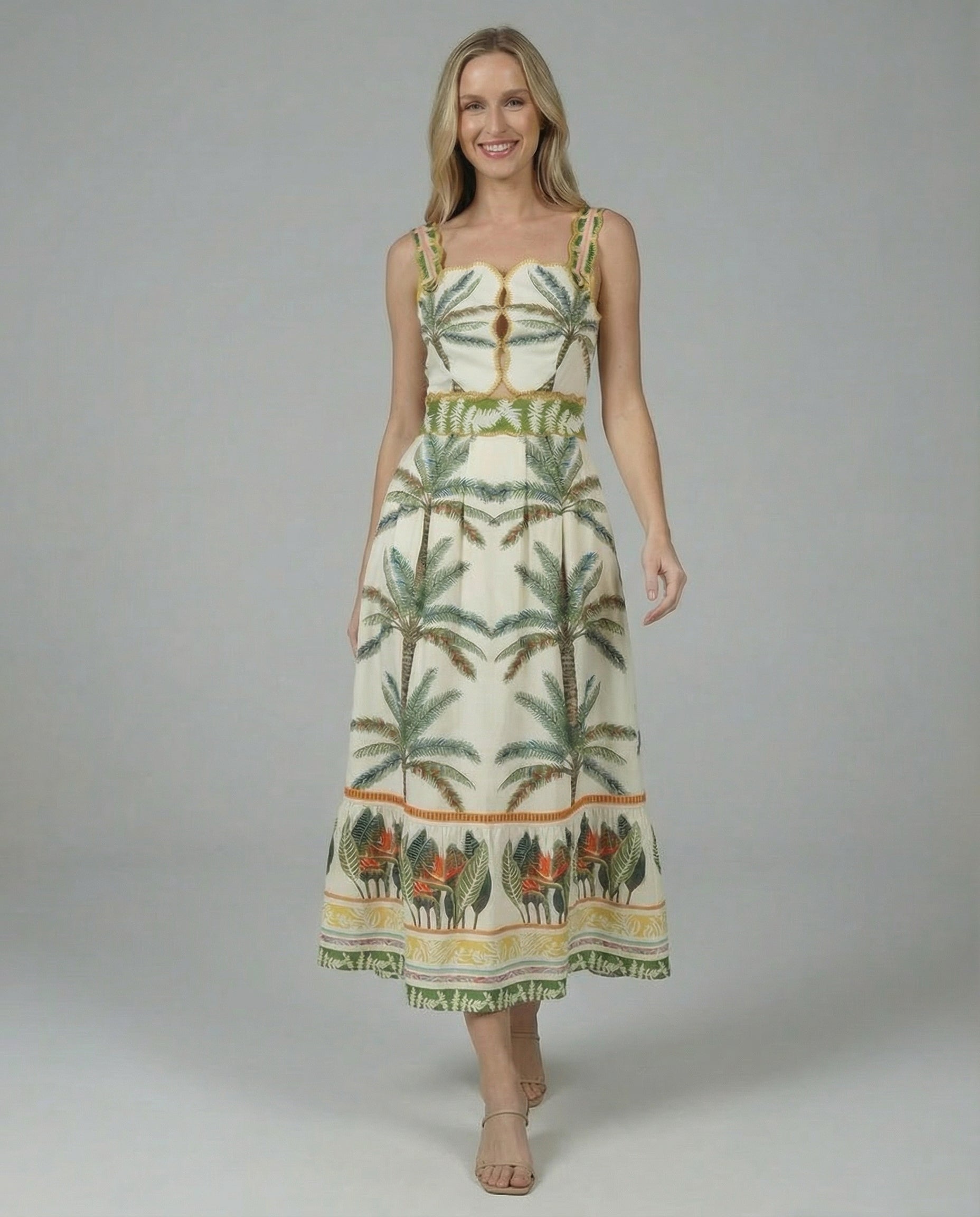 Palm Haven Tropical Cutout Midi Dress
