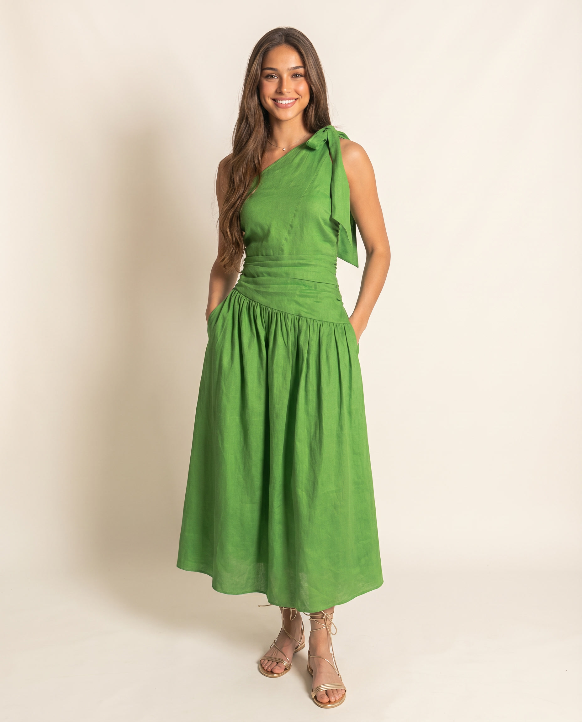 Palm One Shoulder Linen Maxi Dress (detail view 3)