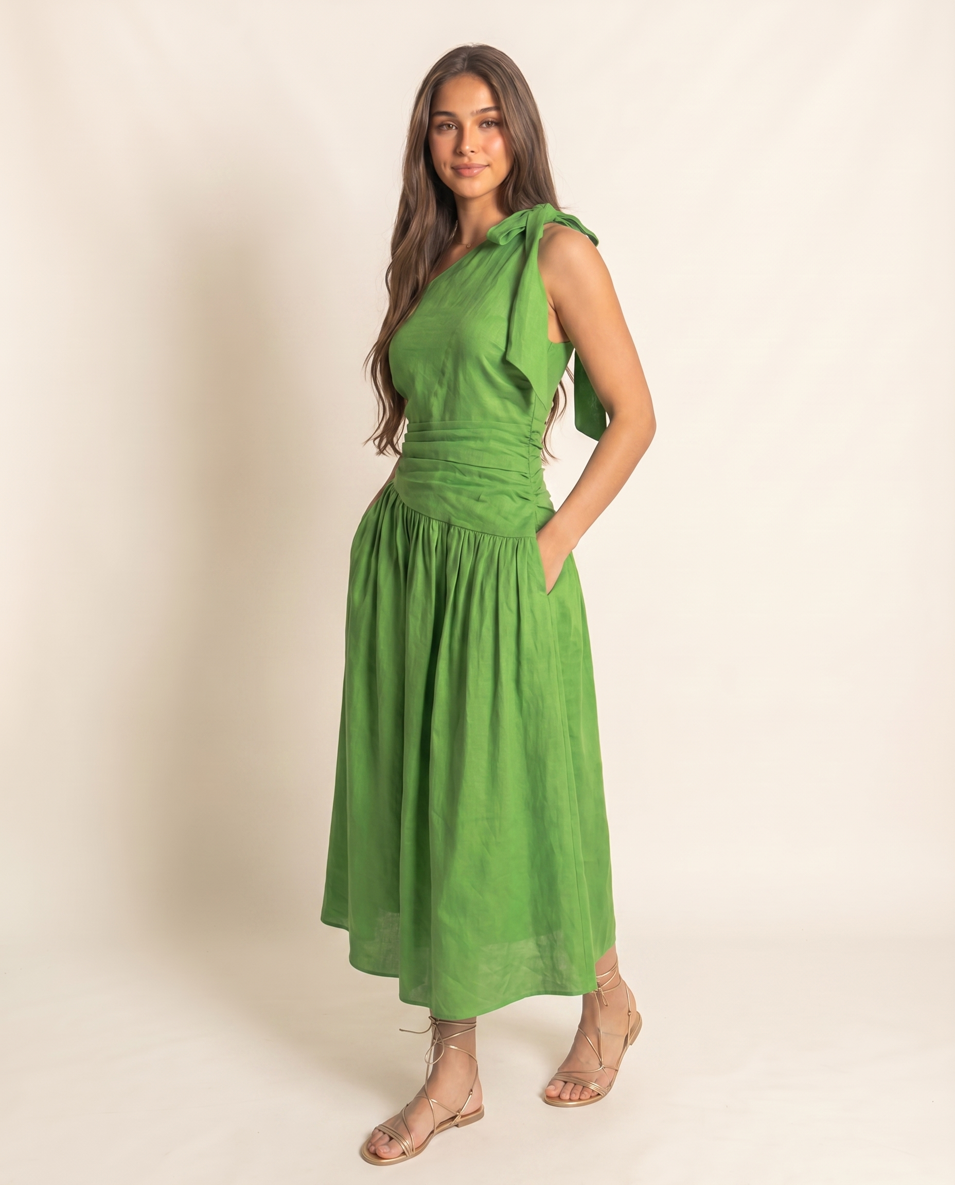 Palm One Shoulder Linen Maxi Dress (detail view 4)