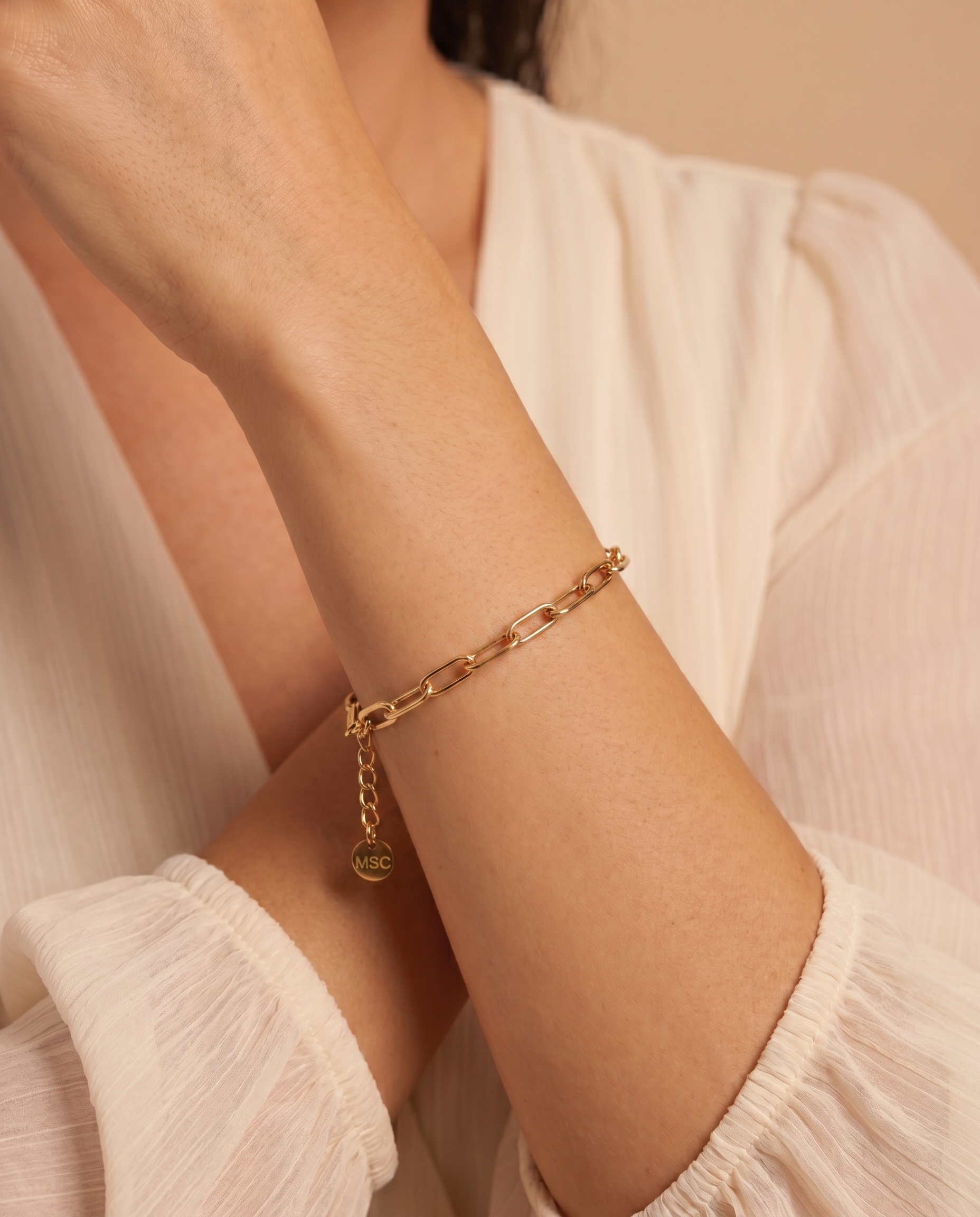 Waterproof Gold Paperclip Chain Bracelet — Charm-Ready Stacking Bracelet (detail view 2)