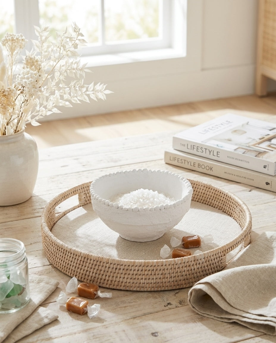 Handcrafted Paper Mache White Pedestal Bowls with Raised Dot Detail (detail view 4)