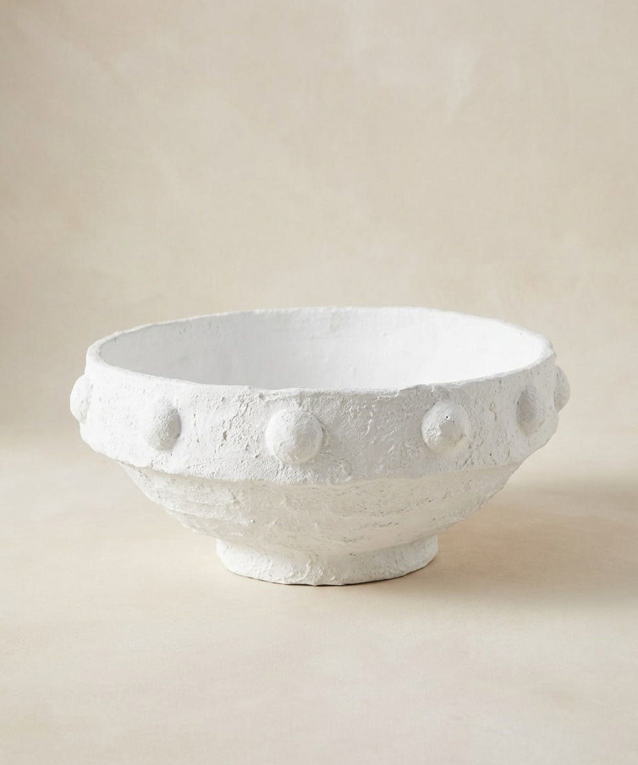 Handcrafted Paper Mache White Pedestal Bowls with Raised Dot Detail (detail view 2)