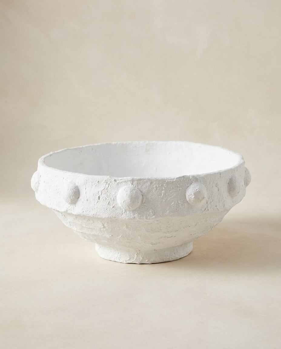 Handcrafted Paper Mache White Pedestal Bowls with Raised Dot Detail (detail view 2)