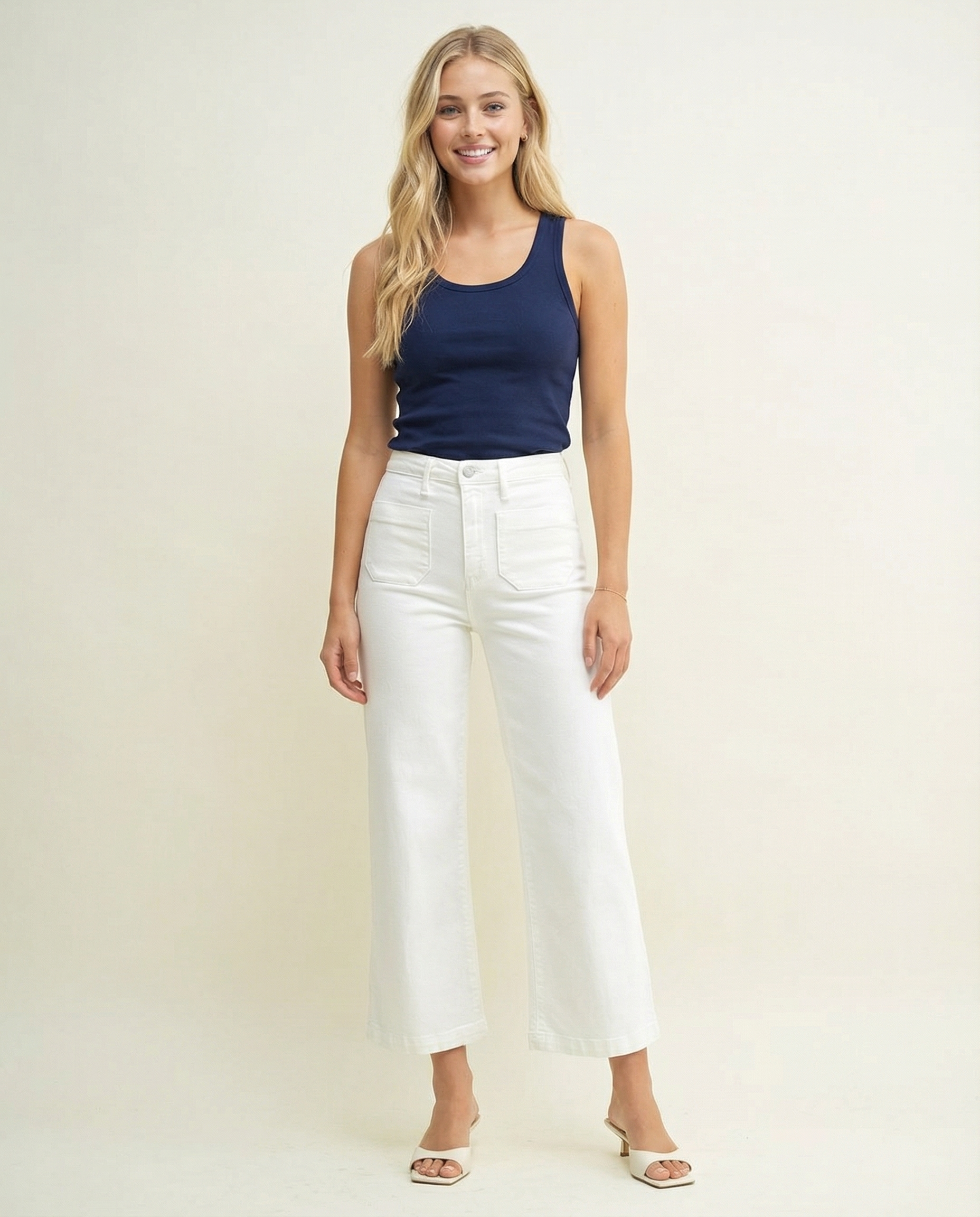 High-Rise Patch Pocket Wide Leg Jeans in Off White (detail view 3)