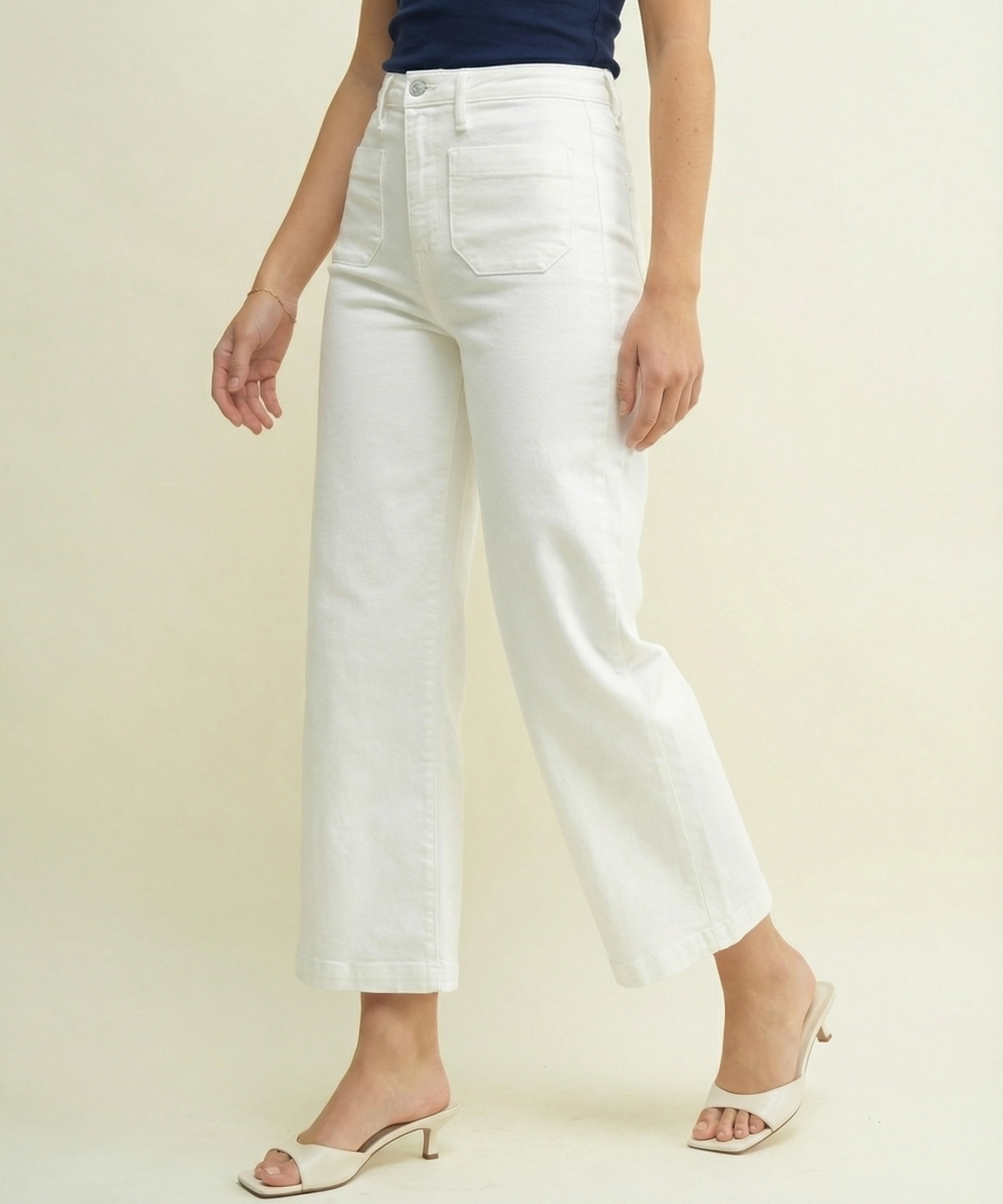 High-Rise Patch Pocket Wide Leg Jeans in Off White