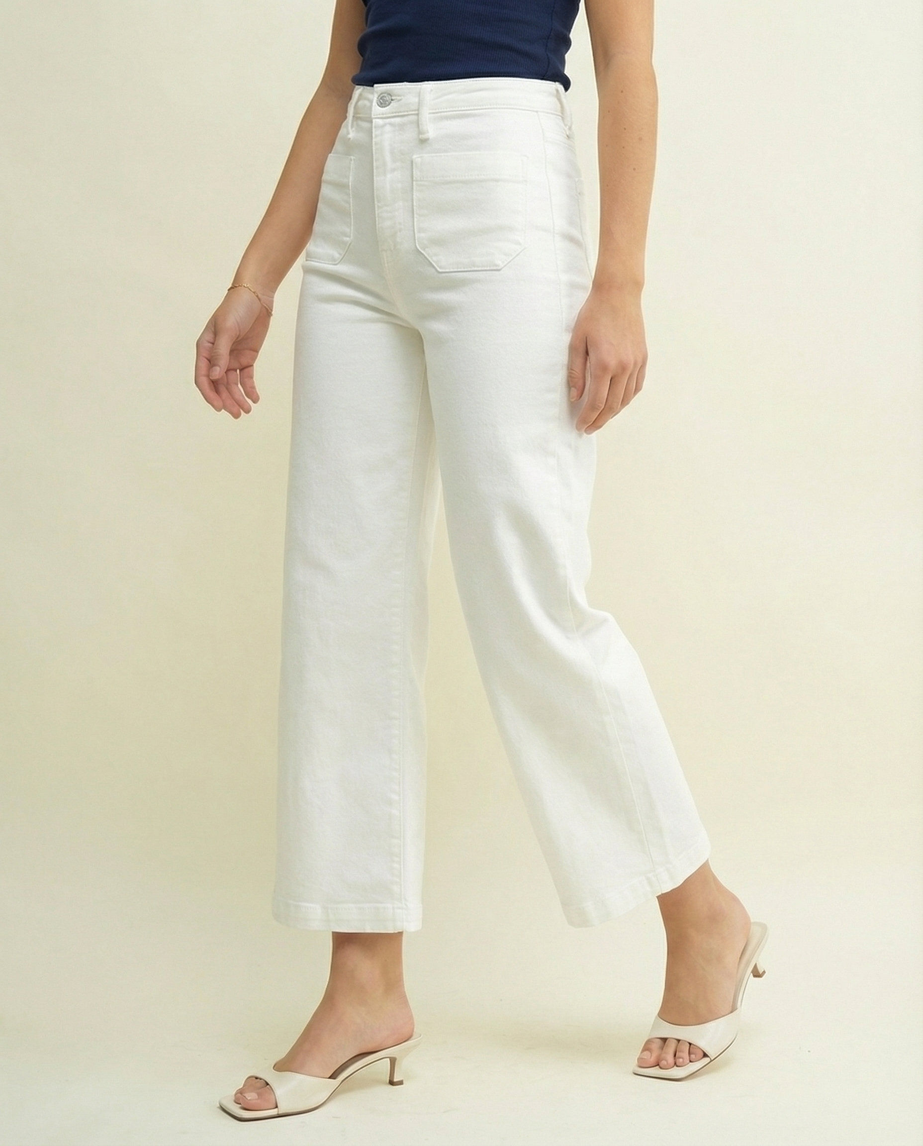 High-Rise Patch Pocket Wide Leg Jeans in Off White