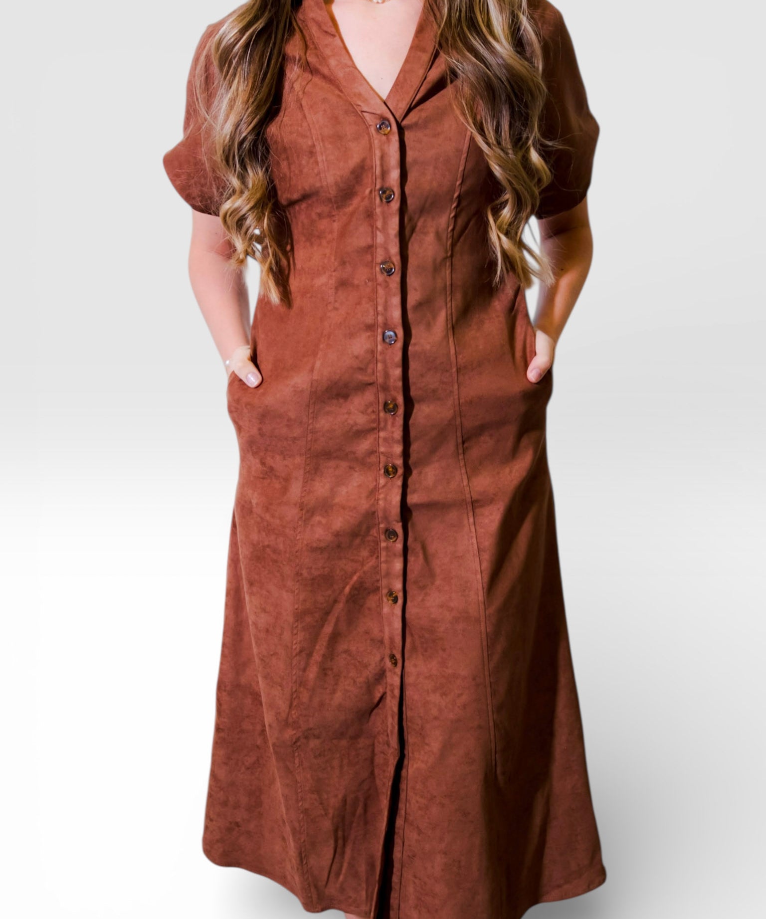 Short Sleeve Cinched Waist Button Down Faux Suede Midi Dress