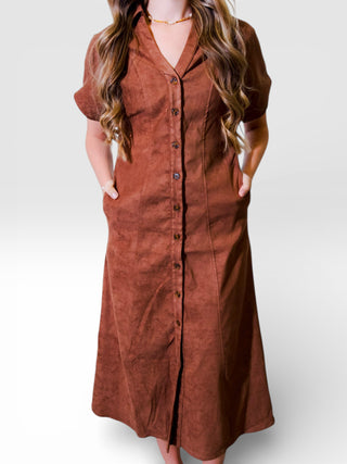 Short Sleeve Cinched Waist Button Down Faux Suede Midi Dress