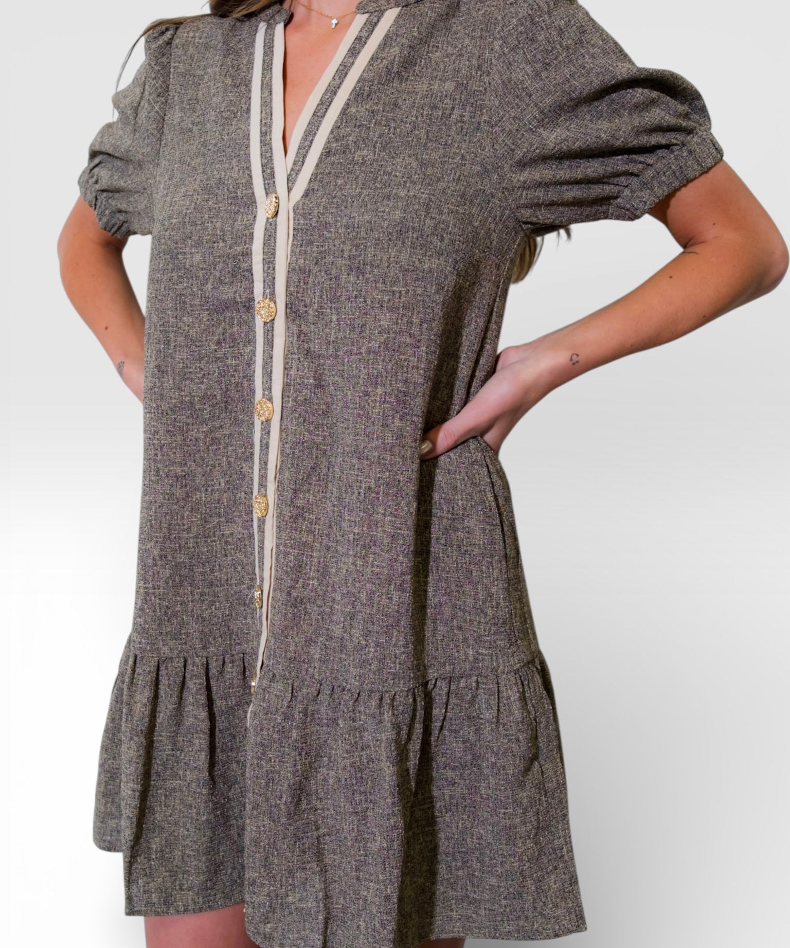 Puff Sleeve Textured Button up Dress