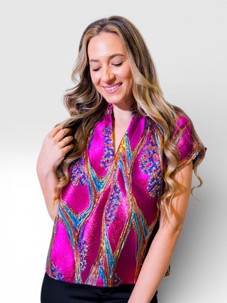 Ruffle V-Neck Short Sleeve Metallic Pattern Top