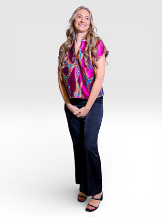 Ruffle V-Neck Short Sleeve Metallic Pattern Top