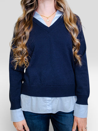V-Neck Layered Mixed Media Sweater