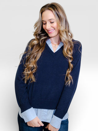V-Neck Layered Mixed Media Sweater