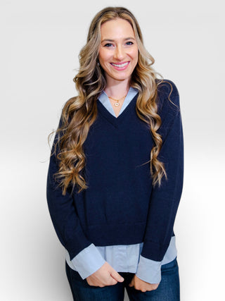 V-Neck Layered Mixed Media Sweater