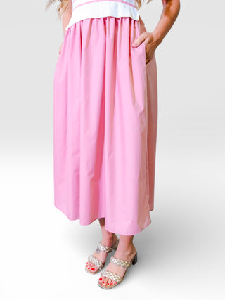 Mixed Media Striped Top Pleated Bottom Midi Dress