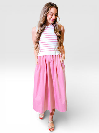 Mixed Media Striped Top Pleated Bottom Midi Dress