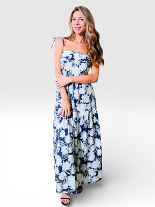 Square Neck Tie Strap Floral Print Maxi Dress
