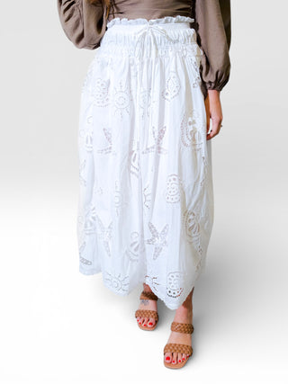 Sea Life Embroidered Cotton Midi Skirt