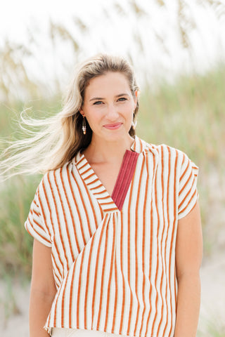 Contrast V-neck Striped Top