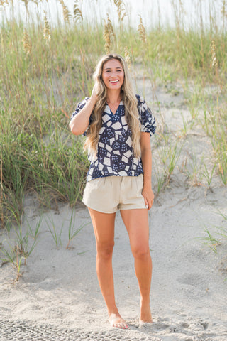 Puff Sleeve V-Neck Print Top