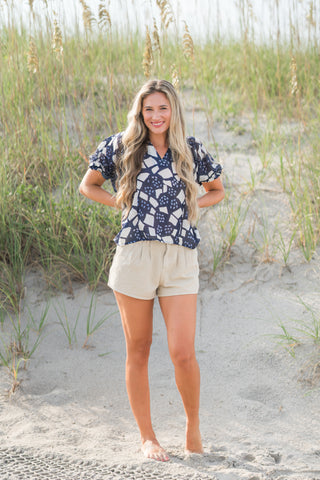 Puff Sleeve V-Neck Print Top