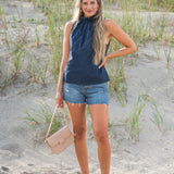 Pleated Mock Neck Sleeveless Top