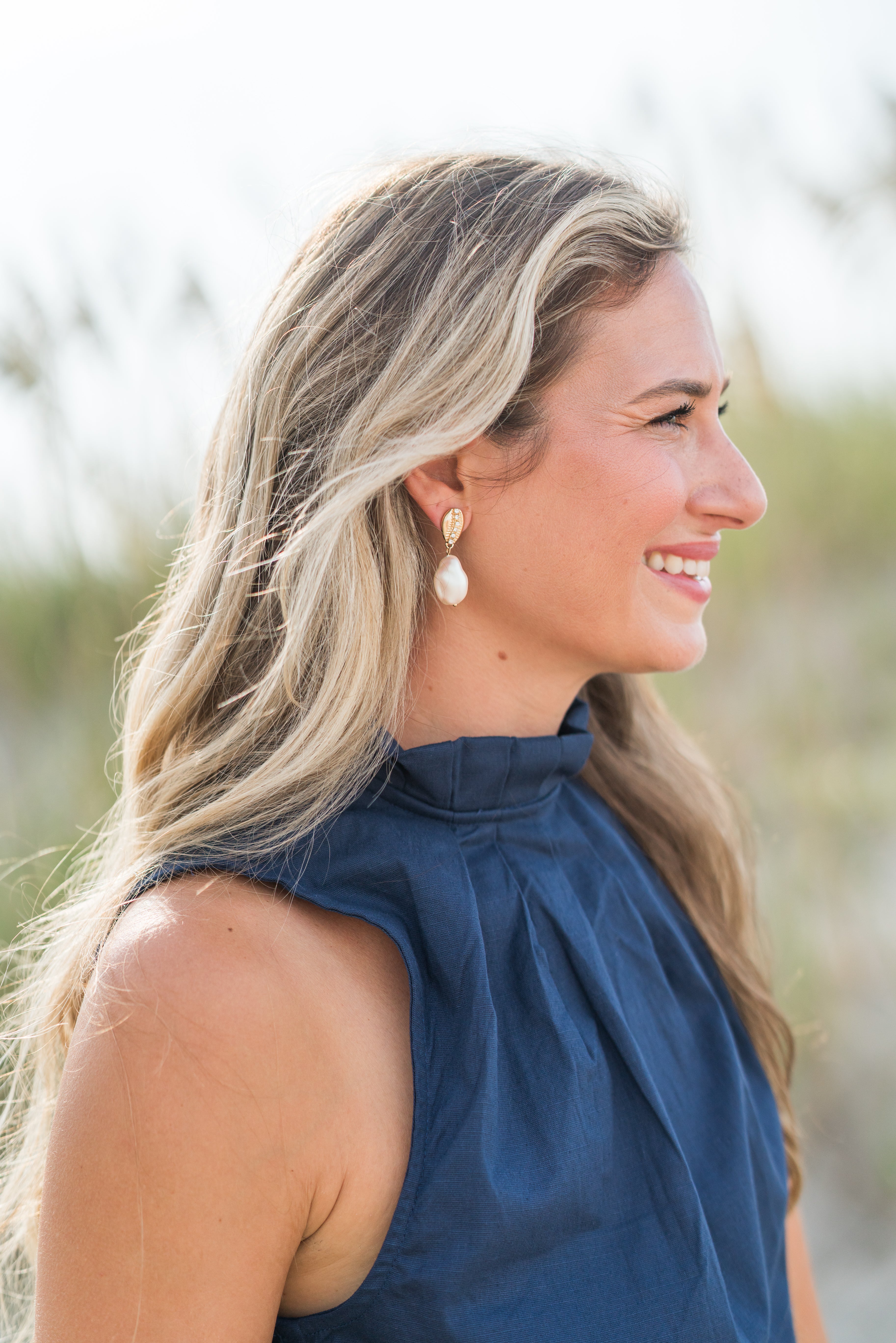 Conch Shell Pearl Drop Earrings (detail view 2)