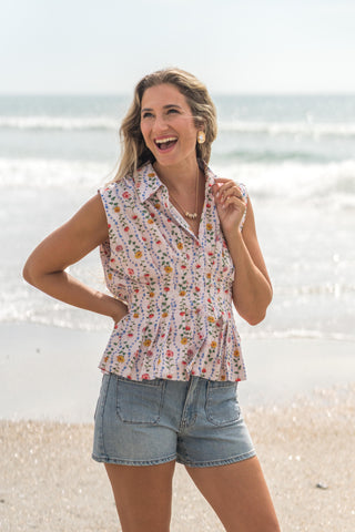 Button Down Pleated Peplum Top