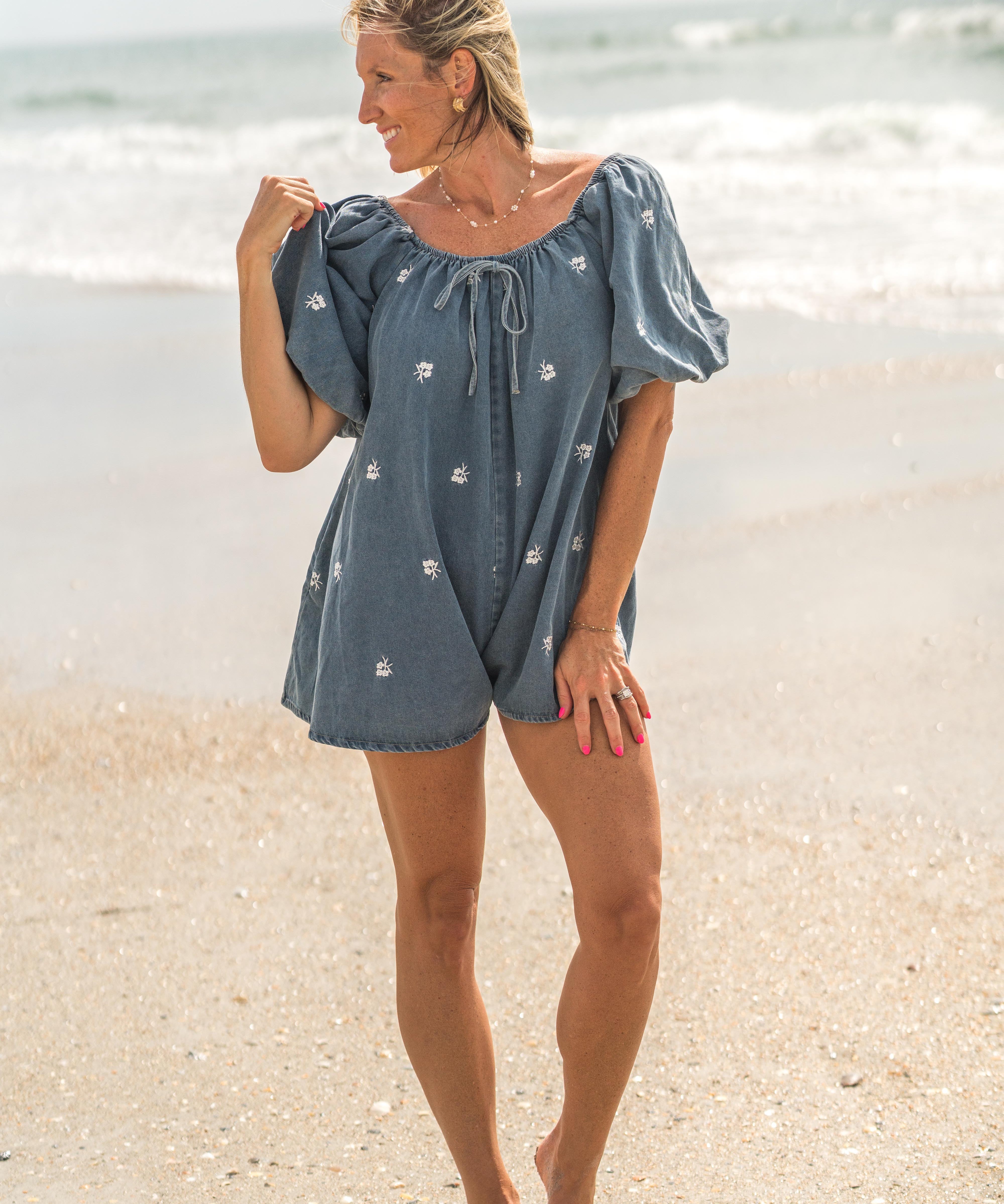 Embroidered Denim Babydoll Romper