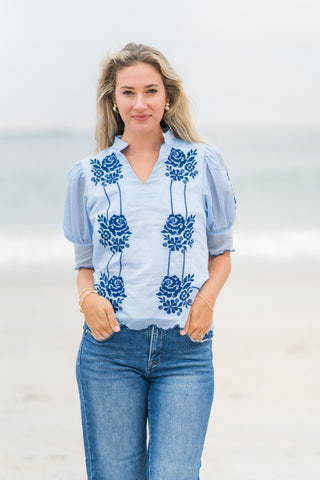 Embroidered Puff Sleeve Stripe Top