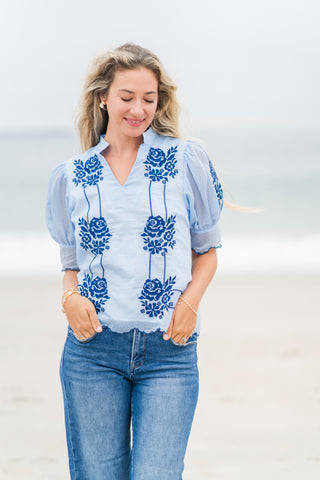 Embroidered Puff Sleeve Stripe Top