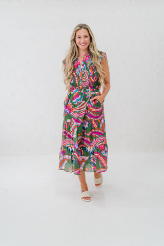 Pleated Ruffle Flutter Sleeve Midi Dress