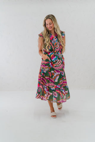 Pleated Ruffle Flutter Sleeve Midi Dress