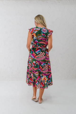 Pleated Ruffle Flutter Sleeve Midi Dress
