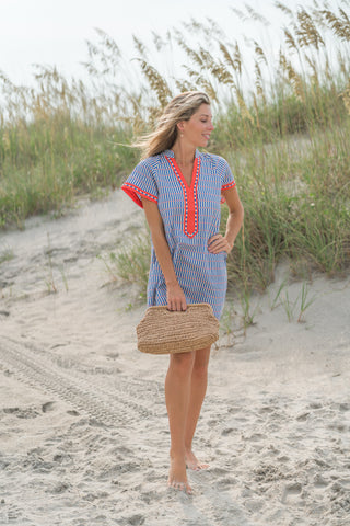 Contrast Trim Striped Short Sleeve Dress