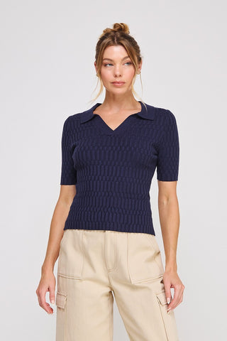 Ribbed V-Neck Polo Short Sleeve Top
