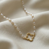 Rice Pearl Bead Clover Charm Necklace – Dainty Pearl Clover Pendant Necklace (detail view 2)