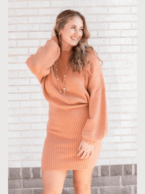 Salmon Balloon Sleeve Sweater Dress