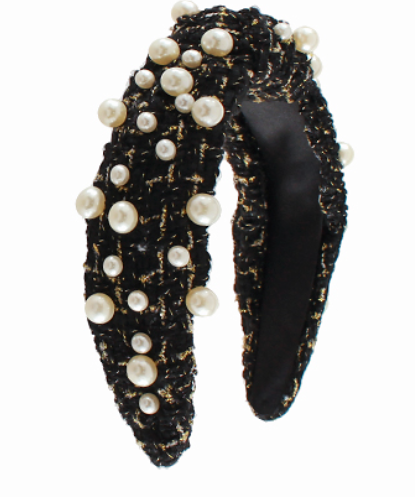 Tweed Knotted Pearl Headband-Black