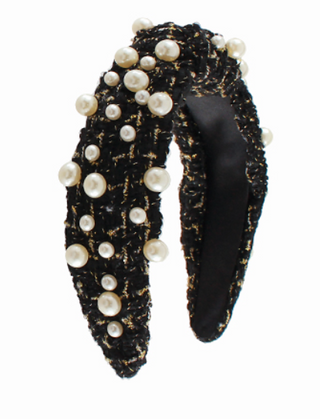 Tweed Knotted Pearl Headband-Black