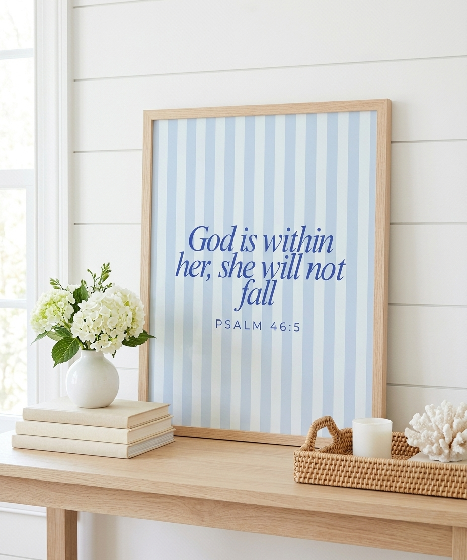 She Will Not Fall Scripture Print Artwork – Faith Wall Art Gift for Women