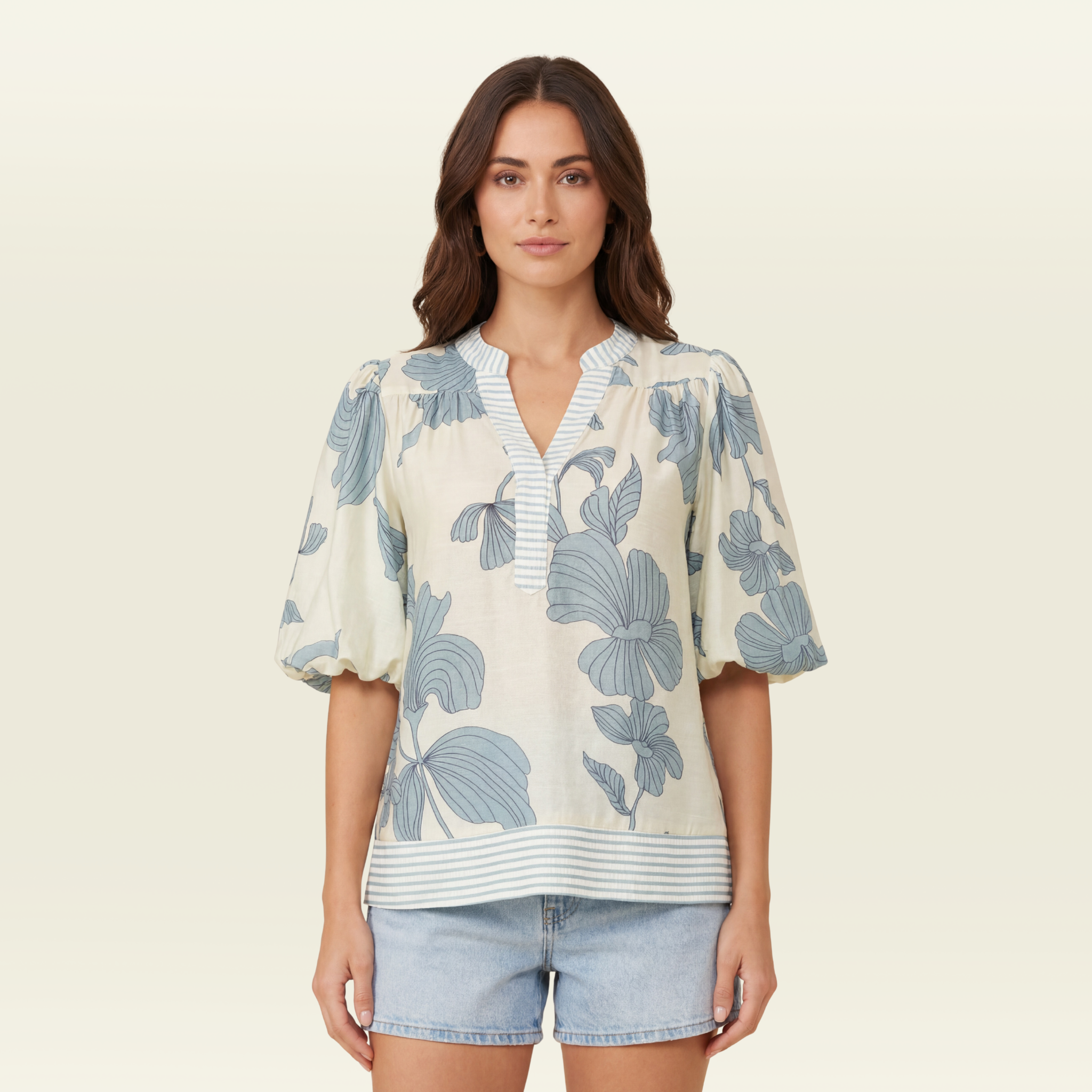 Maribel Floral Stripe Trim Top